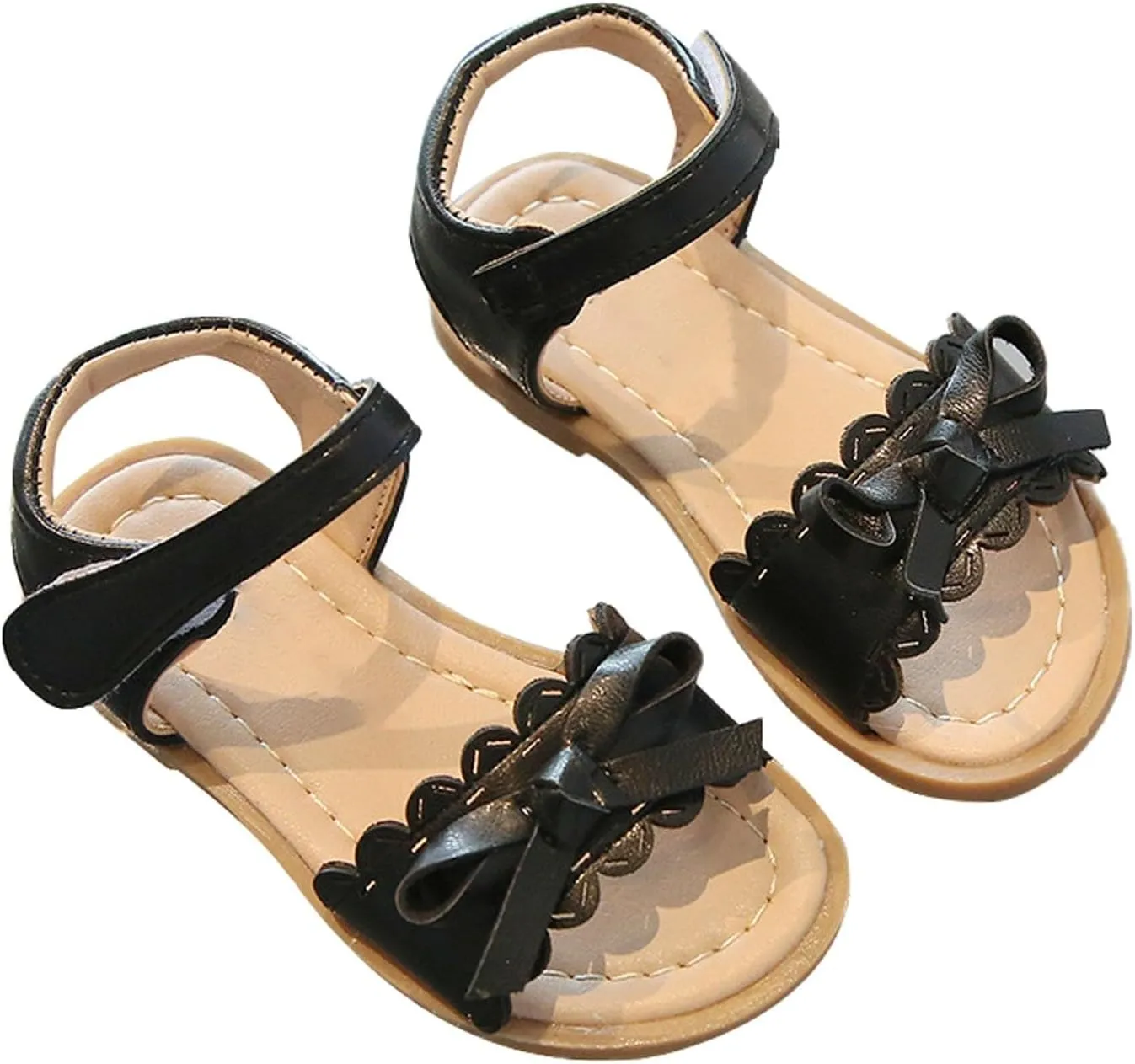 Toddler Kid Girl Casual Hook & Loop Sandal Solid Bow Rubber Soft Sole Birthday Party School Beach Flat Shoes