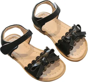 Toddler Kid Girl Casual Hook & Loop Sandal Solid Bow Rubber Soft Sole Birthday Party School Beach Flat Shoes