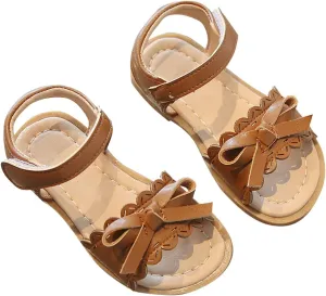 Toddler Kid Girl Casual Hook & Loop Sandal Solid Bow Rubber Soft Sole Birthday Party School Beach Flat Shoes