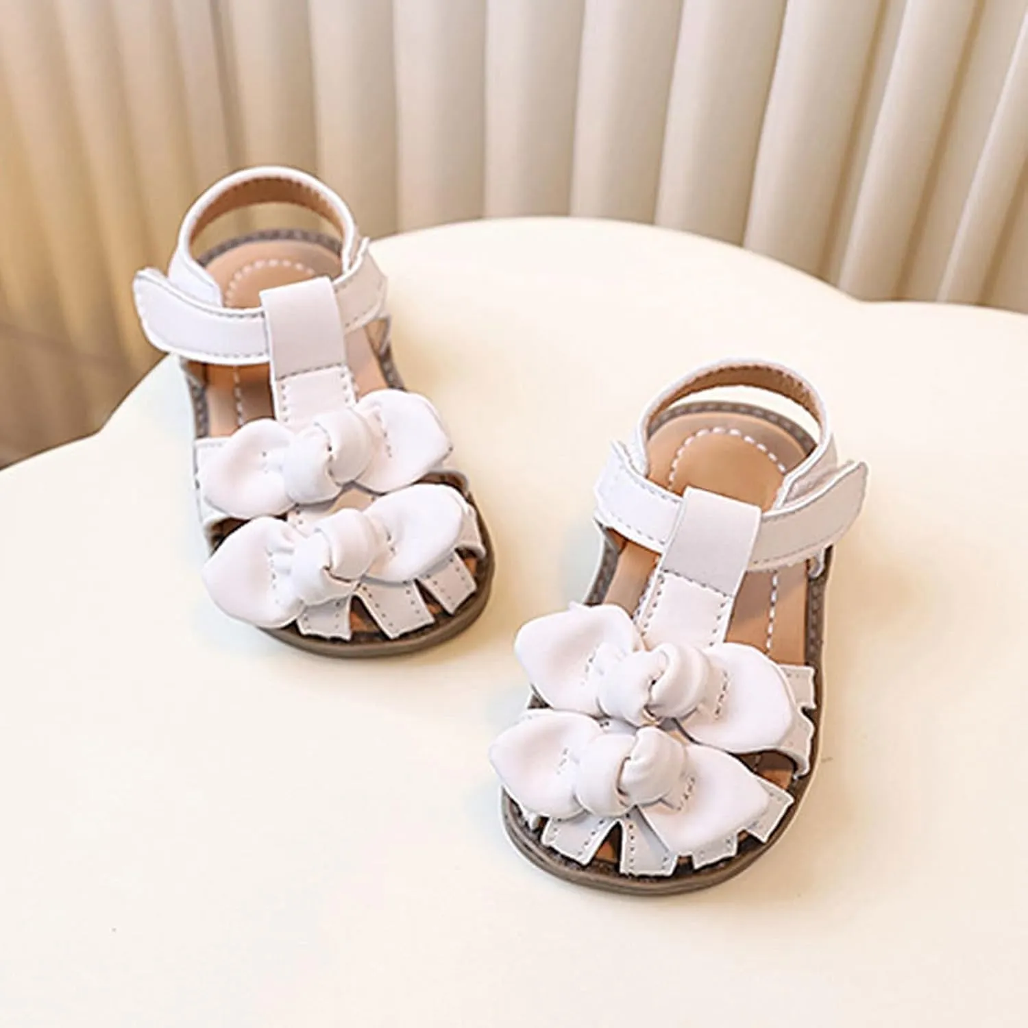 Toddler Little Girl Summer Sandals, Flower Girl Close Toe Dress Shoes Princess Soft Sole Bow Wedding Flats Shoes