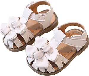 Toddler Little Girl Summer Sandals, Flower Girl Close Toe Dress Shoes Princess Soft Sole Bow Wedding Flats Shoes