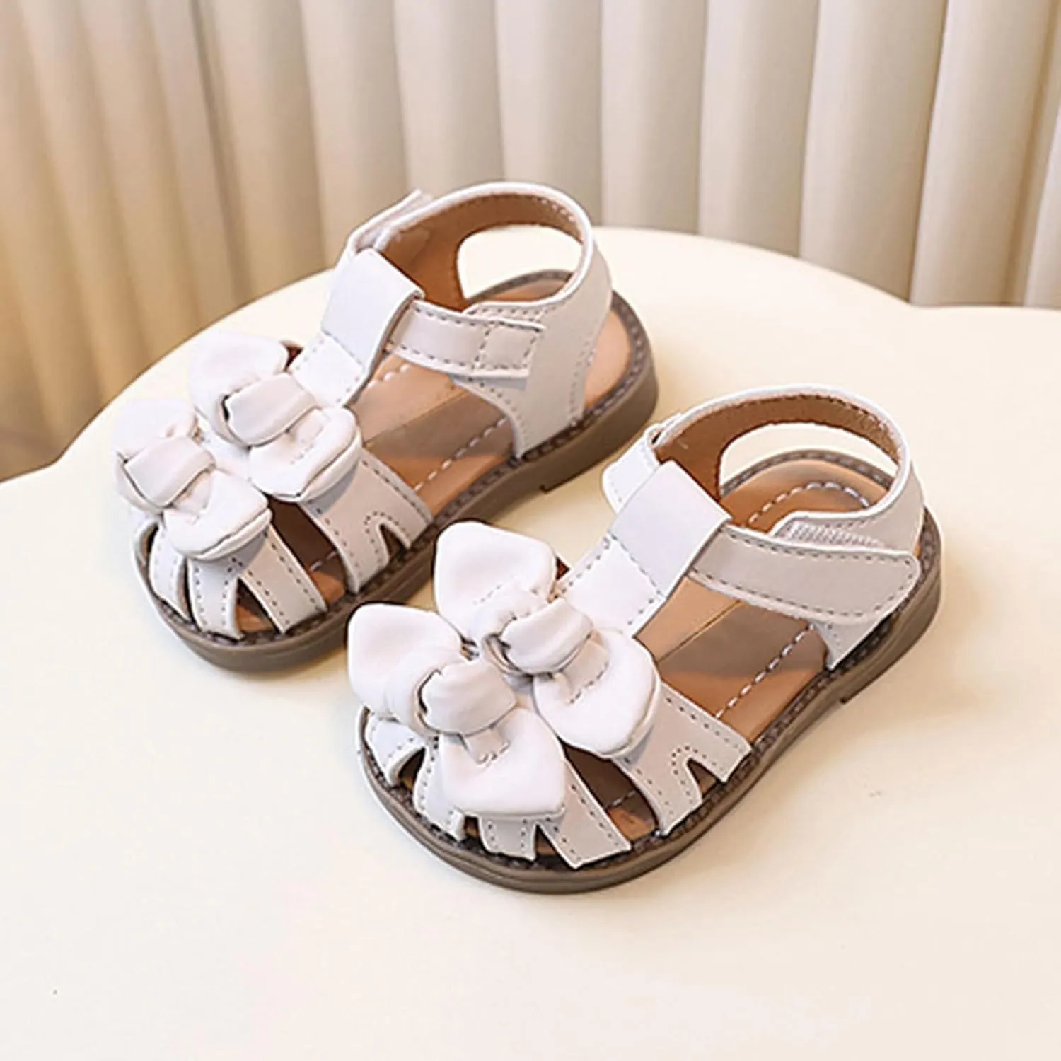 Toddler Little Girl Summer Sandals, Flower Girl Close Toe Dress Shoes Princess Soft Sole Bow Wedding Flats Shoes