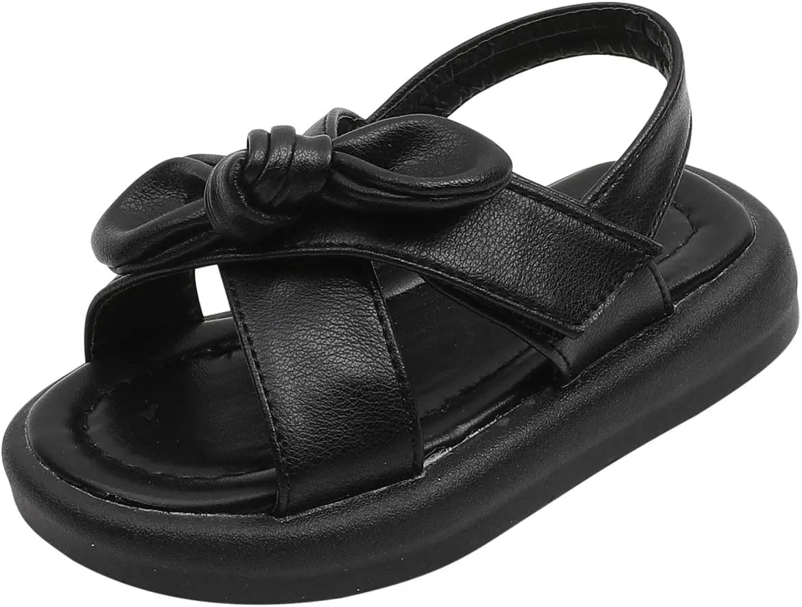 Toddler Sandals Shoes Baby Girls Cute Solid Color Slip On Shoes Bow Non-Slip Soft Sole Beach Sandal Comfort Daily V-313 Black 11