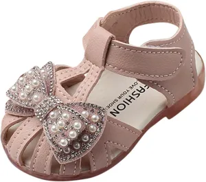 Toddlers Girls Closed Toe Bowknot Sandals Princess Leather Soft Flat Shoes Baby Infant First Walking Dress Shoes