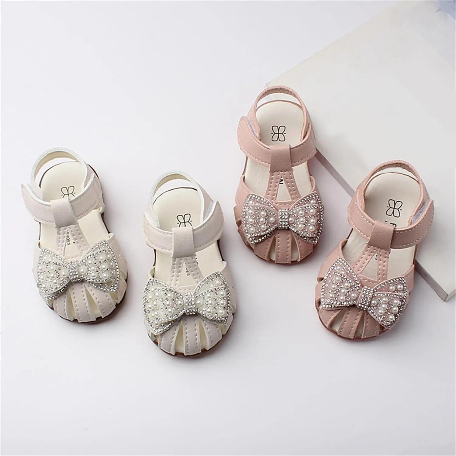Toddlers Girls Closed Toe Bowknot Sandals Princess Leather Soft Flat Shoes Baby Infant First Walking Dress Shoes