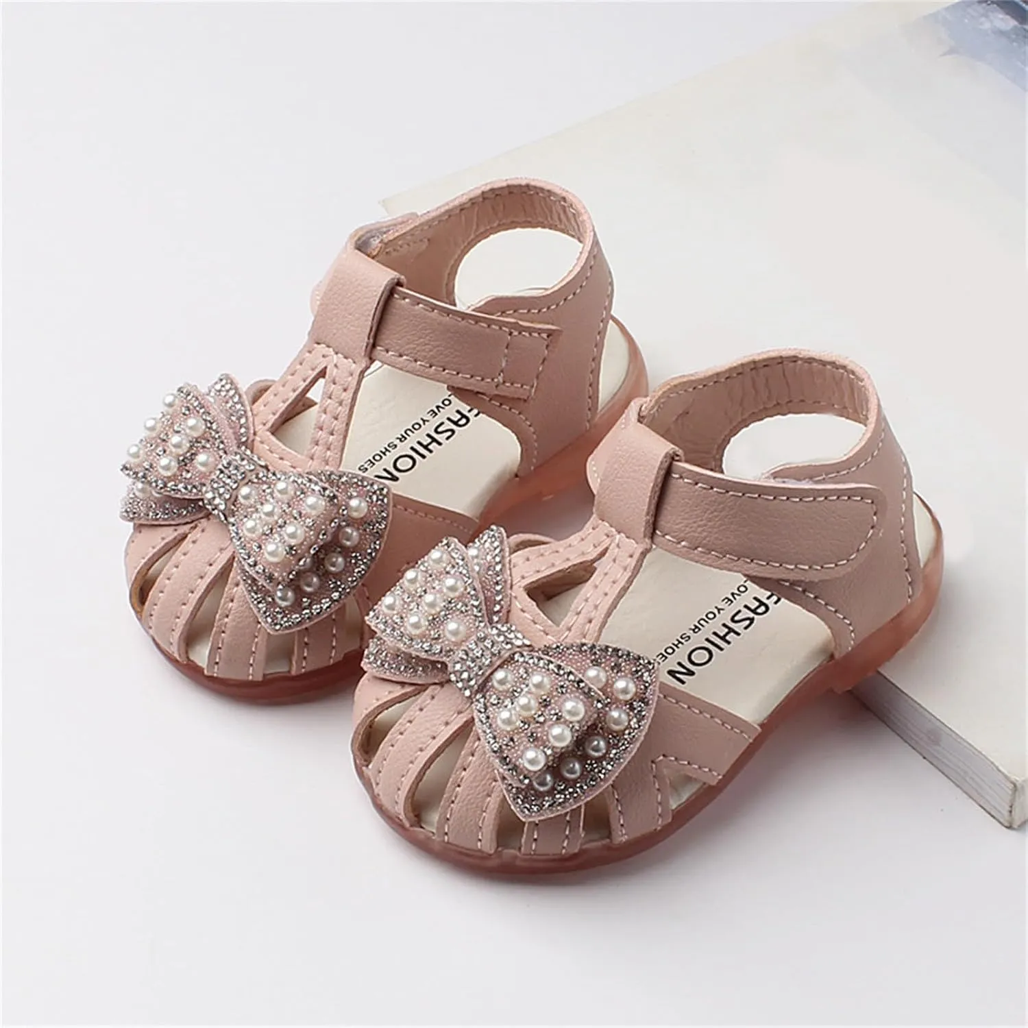 Toddlers Girls Closed Toe Bowknot Sandals Princess Leather Soft Flat Shoes Baby Infant First Walking Dress Shoes