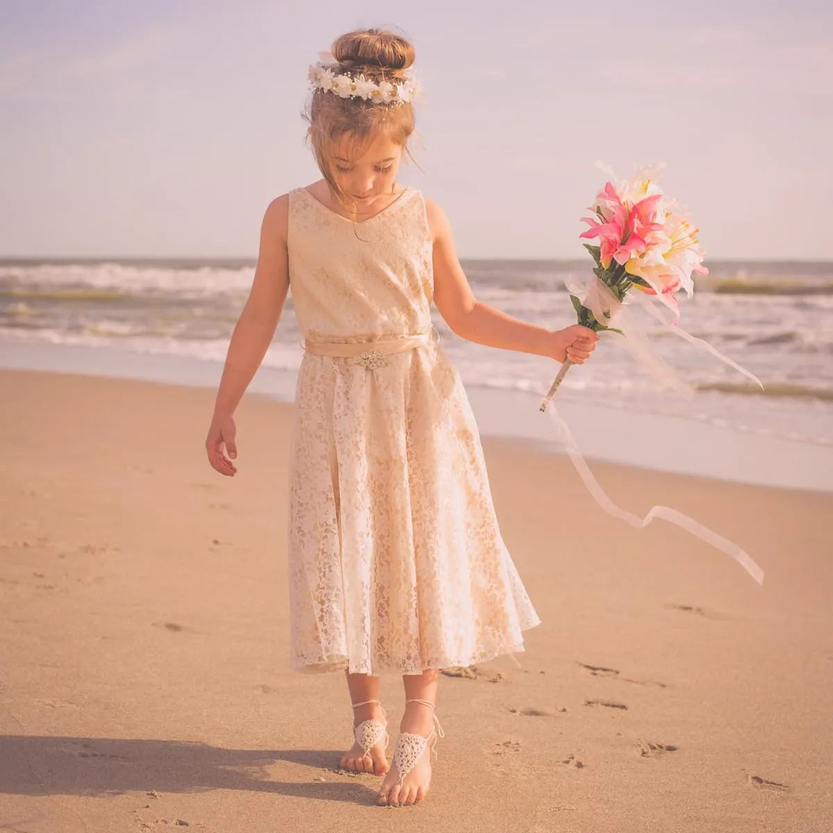 Triangle Lace Baby Barefoot Sandals Foot Jewelry, Flower Girl Gift, Crochet Boho Children Nude Shoes, Mommy & Me Beach Wear, Summer Christening, First Birthday (XXS Baby size 5-10 Light Pink)