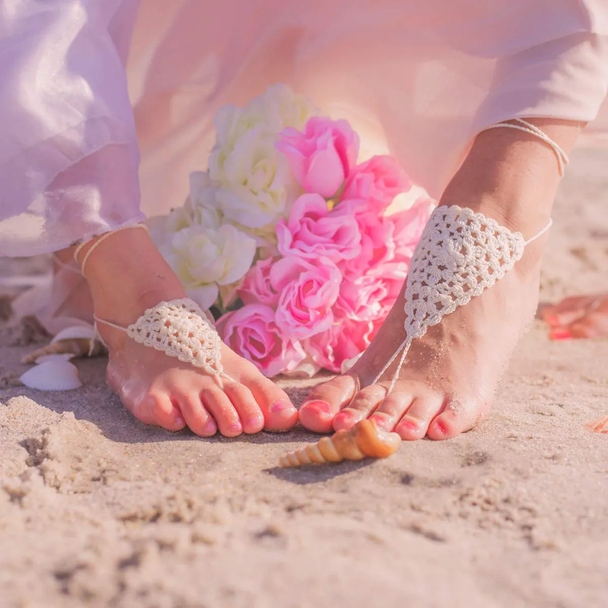 Triangle Lace Baby Barefoot Sandals Foot Jewelry, Flower Girl Gift, Crochet Boho Children Nude Shoes, Mommy & Me Beach Wear, Summer Christening, First Birthday (XXS Baby size 5-10 Light Pink)