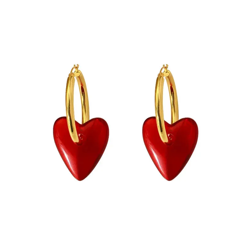 VAIGE Elegant Red Heart Charm Gold Hoop Earrings