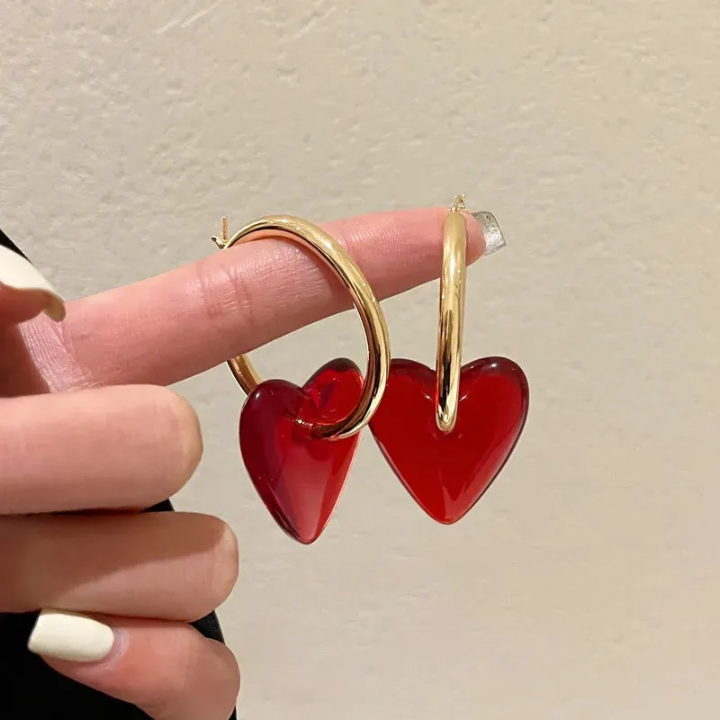 VAIGE Elegant Red Heart Charm Gold Hoop Earrings