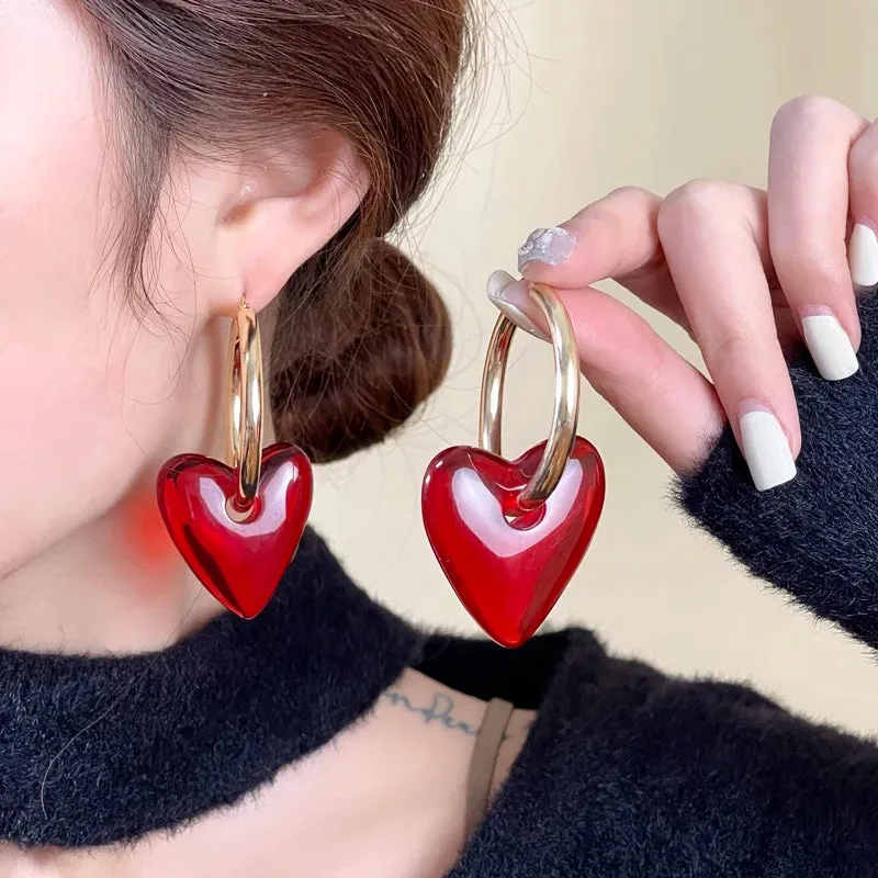 VAIGE Elegant Red Heart Charm Gold Hoop Earrings
