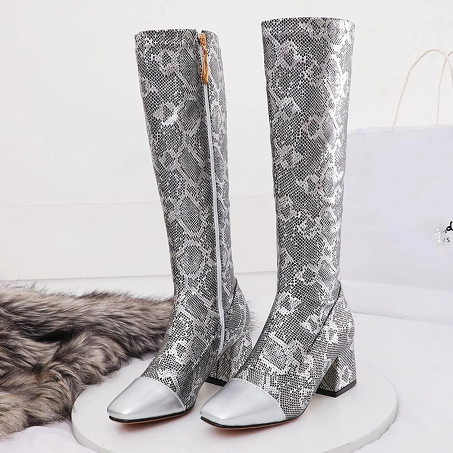 Womens Square Toe Chunky Boots - Fashion Snake Pattern Print Pointed Toe Side Zip Knee High Boots Trendy Casual Ladies Square High Heel Shoes