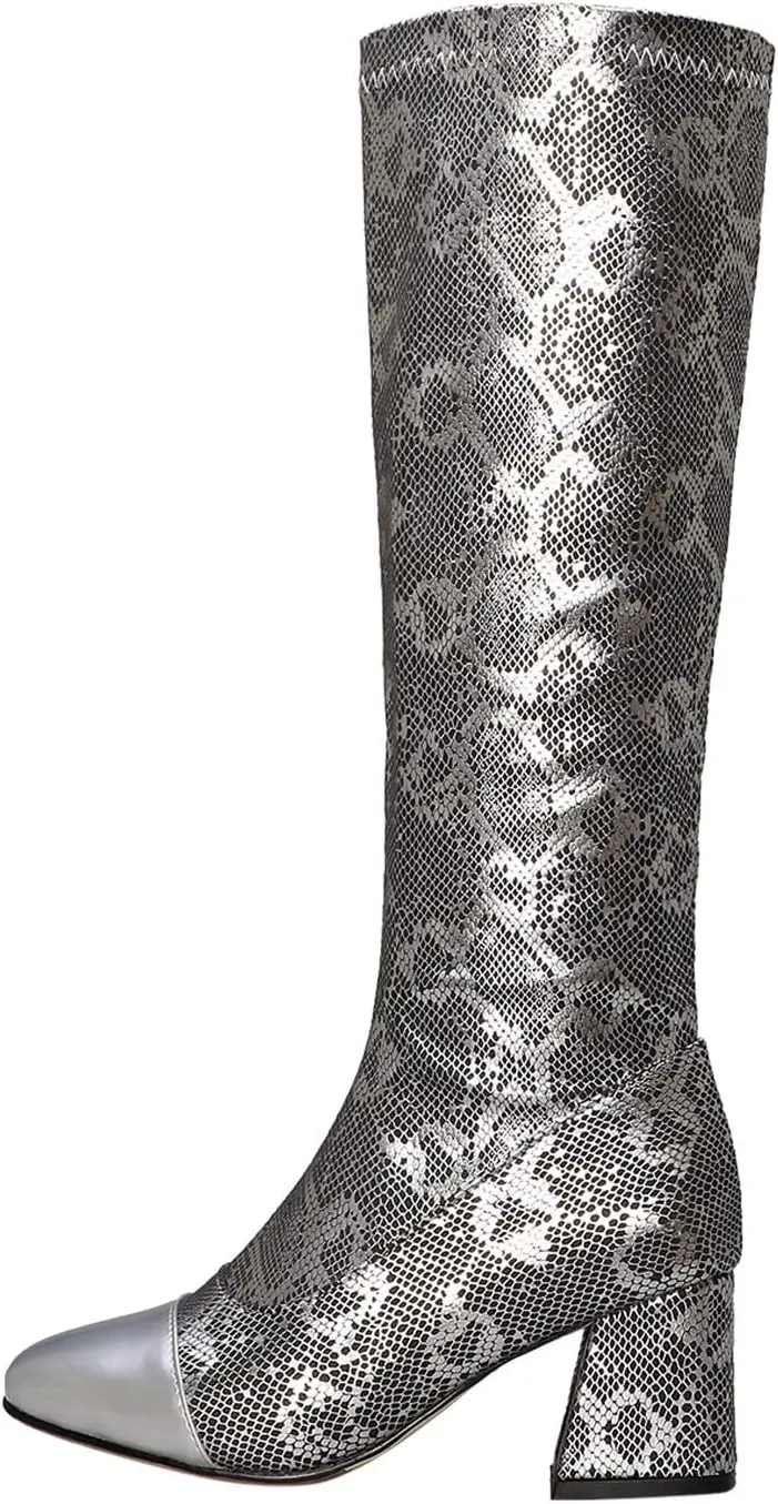 Womens Square Toe Chunky Boots - Fashion Snake Pattern Print Pointed Toe Side Zip Knee High Boots Trendy Casual Ladies Square High Heel Shoes